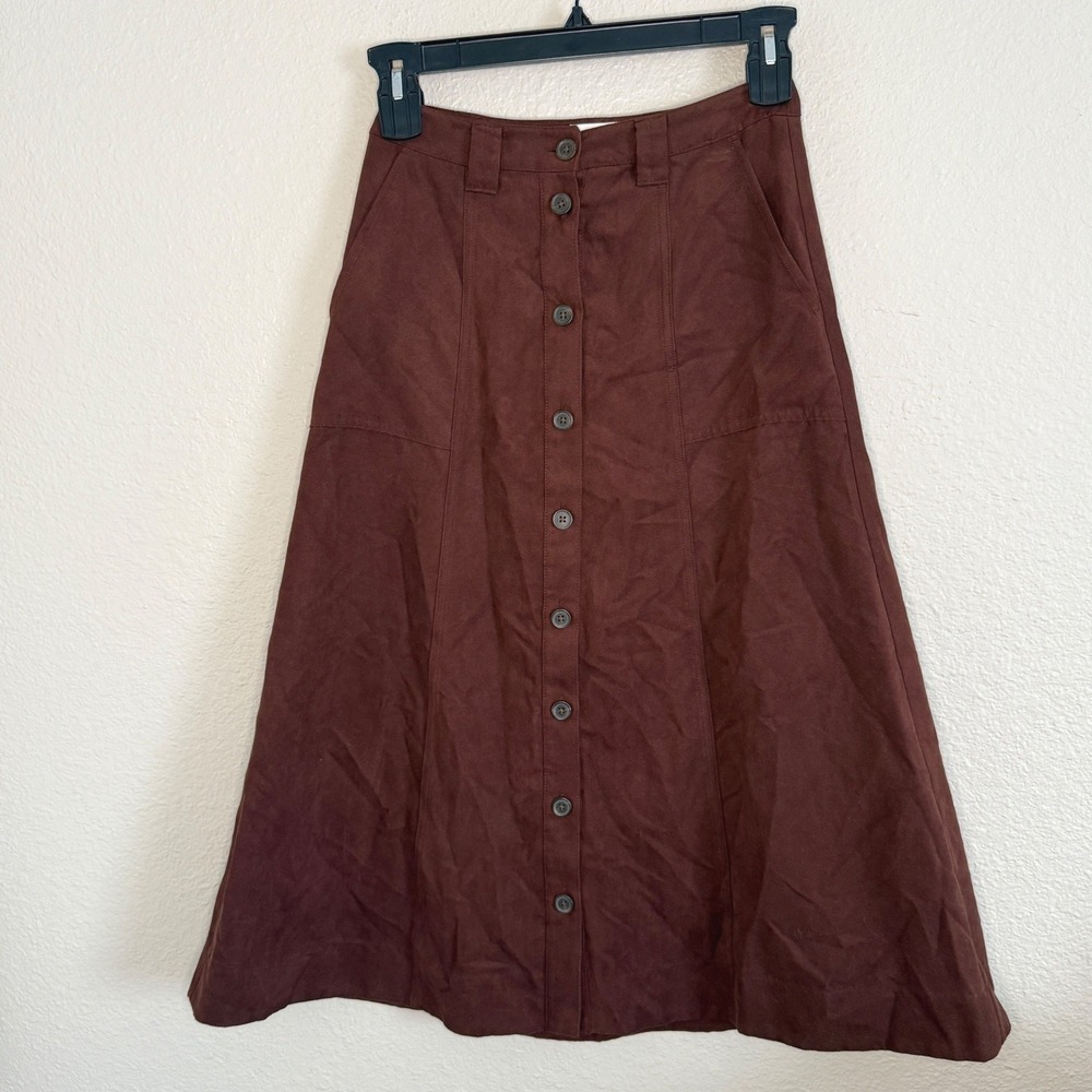 Forest Fairy Dark Academia Retro Brown Faux Suede Button Front Midi Skirt Size 2